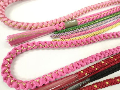 平和屋着物▼和装小物　帯締め３本セット　振袖用　飾り付き　飾り玉　パール　赤×黒　ピンク　金糸　逸品　未使用　CABJ1257ju