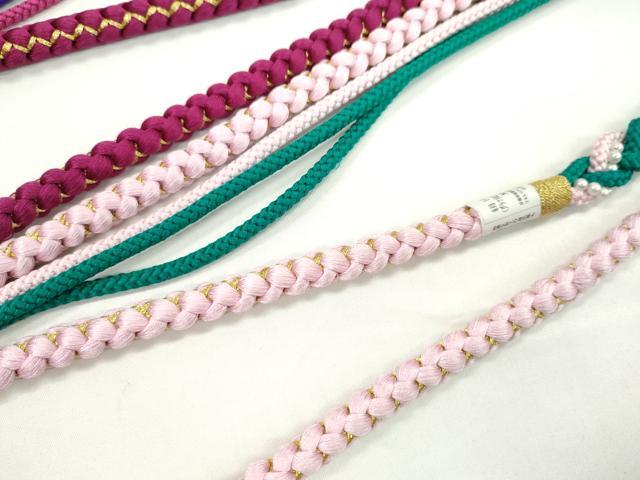 平和屋着物▼和装小物　帯締め３本セット　振袖用　飾り付き　パール　花　真朱色　撫子色　クラレット　金糸　逸品　未使用　CABJ1258ju