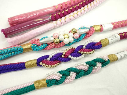 平和屋着物▼和装小物　帯締め３本セット　振袖用　飾り付き　パール　花　真朱色　撫子色　クラレット　金糸　逸品　未使用　CABJ1258ju