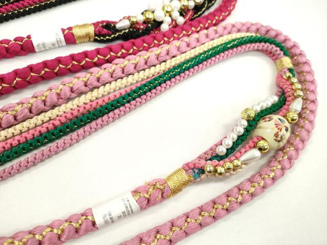 平和屋着物▼和装小物　帯締め３本セット　振袖用　飾り付き　飾り玉　パール　薄紅梅　今様色　真紅　金糸　逸品　未使用　CABJ1259ju