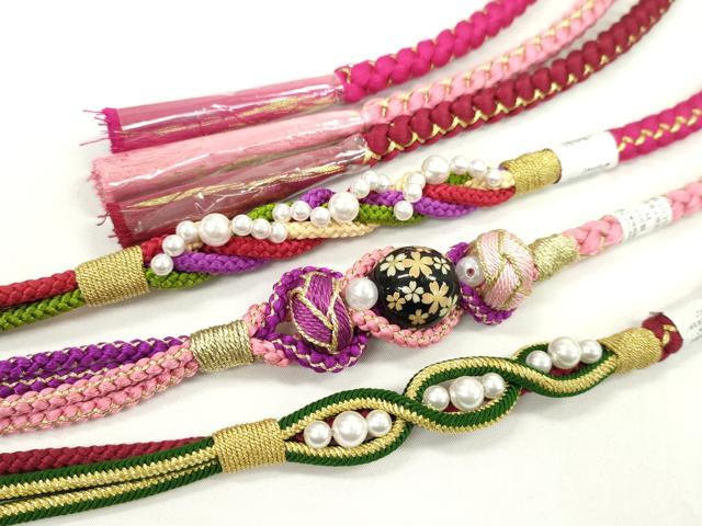 平和屋着物▼和装小物　帯締め３本セット　振袖用　飾り付き　飾り玉　パール　小田巻き　葡萄色　ピンク　金糸　逸品　未使用　CABJ1260ju