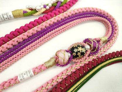 平和屋着物▼和装小物　帯締め３本セット　振袖用　飾り付き　飾り玉　パール　小田巻き　葡萄色　ピンク　金糸　逸品　未使用　CABJ1260ju