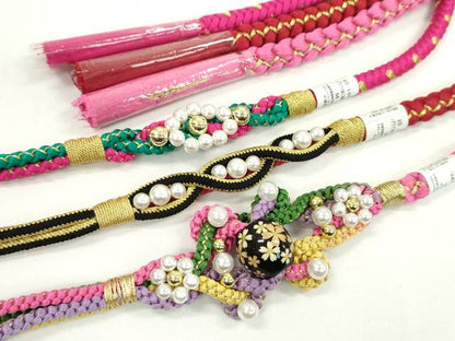 平和屋着物▼和装小物　帯締め３本セット　振袖用　飾り付き　飾り玉　パール　花　朱・緋　牡丹色　金糸　逸品　未使用　CABJ1265ju