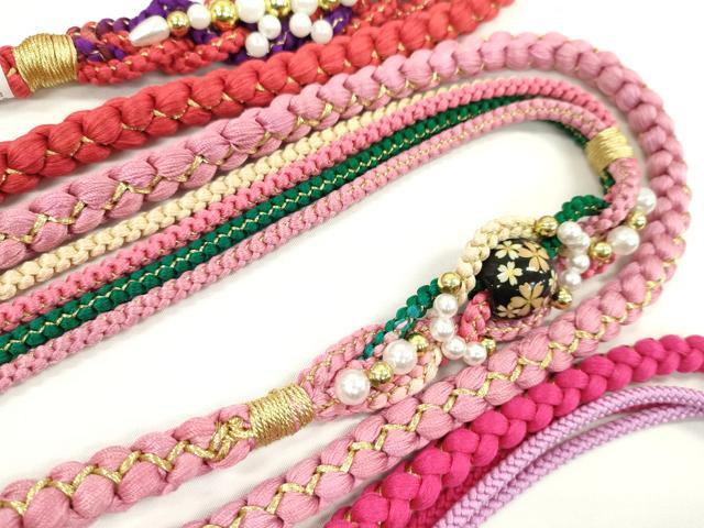 平和屋着物▼和装小物　帯締め３本セット　振袖用　飾り付き　飾り玉　パール　マゼンタ　鴇色　紅緋色　金糸　逸品　未使用　CABJ1267ju