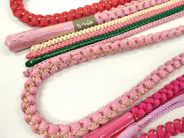 平和屋着物▼和装小物　帯締め３本セット　振袖用　飾り付き　飾り玉　パール　マゼンタ　鴇色　紅緋色　金糸　逸品　未使用　CABJ1267ju