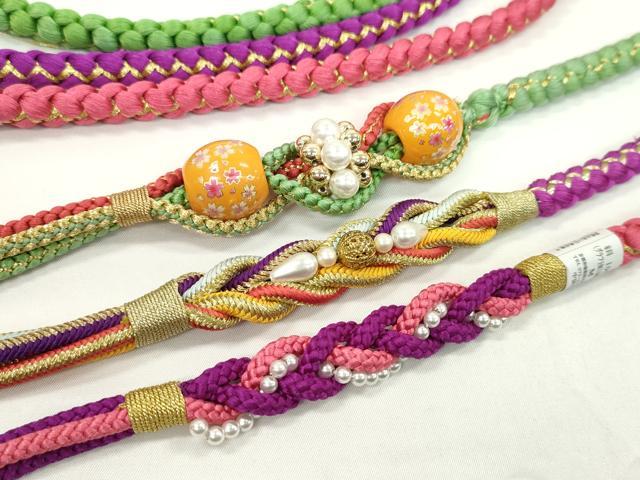 平和屋着物▼和装小物　帯締め３本セット　振袖用　飾り付き　パール　飾り玉　柳色　紫　真朱色　金糸　未使用あり　逸品　CABJ1268ju