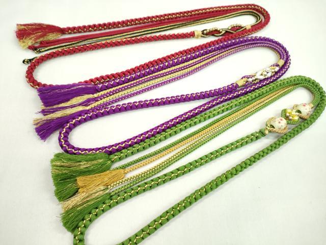 平和屋着物▼和装小物 帯締め３本セット 振袖用 飾り付き 飾り玉 パール 赤 紫 松葉色 金糸 逸品 CABJ1331ju