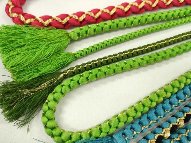 平和屋着物▼和装小物　帯締め３本セット　振袖用　飾り付き　飾り玉　パール　小田巻き　薄藍　鶸萌黄色　赤　金糸　逸品　CABJ1335ju