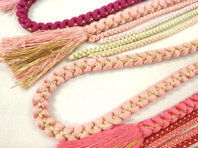 平和屋着物▼和装小物　帯締め３本セット　振袖用　飾り付き　パール　飾り玉　フラミンゴピンク ローズ色 クラレット 金糸 逸品CABJ1356ju
