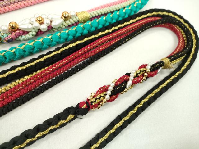 平和屋着物▼和装小物　帯締め３本セット　振袖用　飾り付き　パール　花　黒　赤　青緑色　金糸　逸品　CABJ1361ju