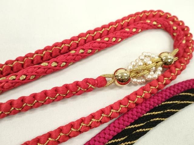 平和屋着物▼和装小物　帯締め３本セット　振袖用　飾り付き　パール　ビジュー　狐色　紅緋色　ルビー色×黒　金糸　逸品　CABJ1364ju