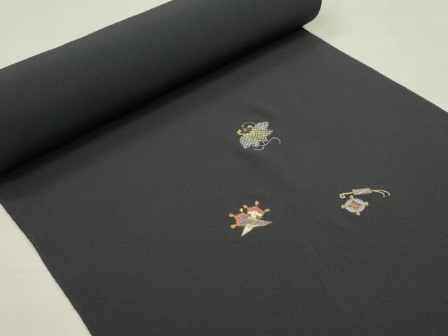 平和屋着物●付下げ　反物　総刺繍　宝尽くし　紫黒色　金糸　丹後ちりめん　着尺　逸品　未使用　CABJ1407ju