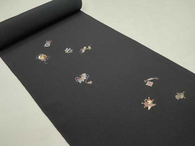 平和屋着物●付下げ　反物　総刺繍　宝尽くし　紫黒色　金糸　丹後ちりめん　着尺　逸品　未使用　CABJ1407ju