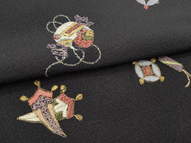 平和屋着物●付下げ　反物　総刺繍　宝尽くし　紫黒色　金糸　丹後ちりめん　着尺　逸品　未使用　CABJ1407ju