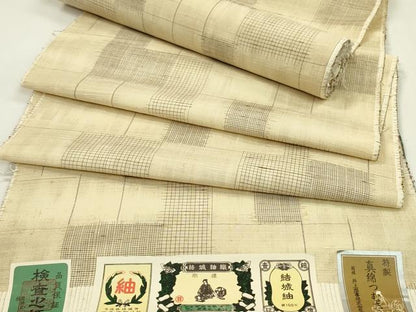 平和屋着物●結城紬　反物　格子柄　井上商事謹製　証紙付き　着尺　逸品　未使用　CABJ1431ju