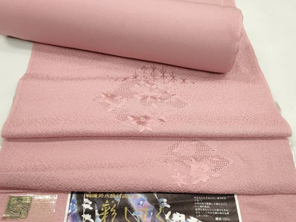 平和屋着物●中国三大刺繍　スワトウ刺繍　総刺繍　付下げ　反物　松皮菱花文　紅梅色　八掛・証紙付き　着尺　逸品　未使用　CABJ1446ju