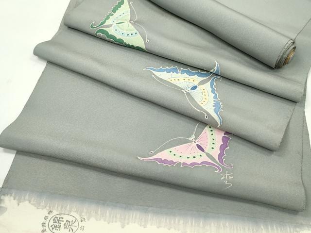 平和屋着物●名古屋帯　反物　友禅　蝶　金通し地　逸品　未使用　CABJ1455ju