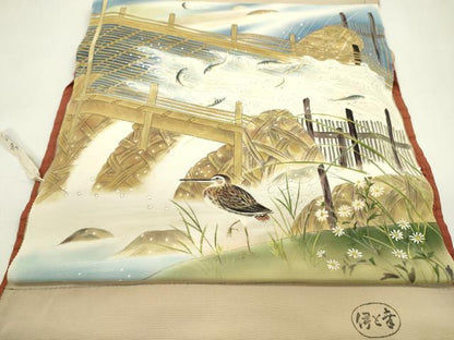 平和屋着物●塩瀬　名古屋帯　反物　手描き　水辺風景文　伊と幸　逸品　未使用　CABJ1457ju