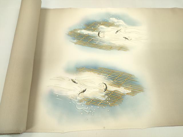 平和屋着物●塩瀬　名古屋帯　反物　手描き　水辺風景文　伊と幸　逸品　未使用　CABJ1457ju