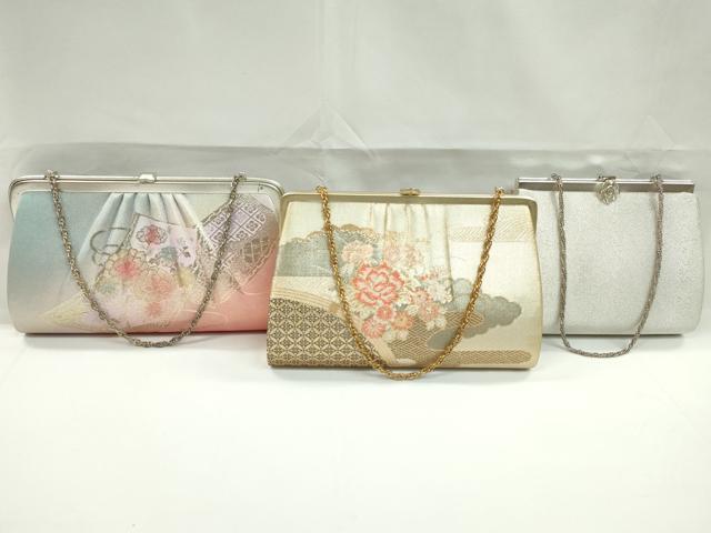平和屋着物▼和装小物　和装バッグまとめて３点　ハンドバッグ　佐賀錦　エ霞七宝花文　鬘帯花文　金銀糸　逸品　CABJ1461ju