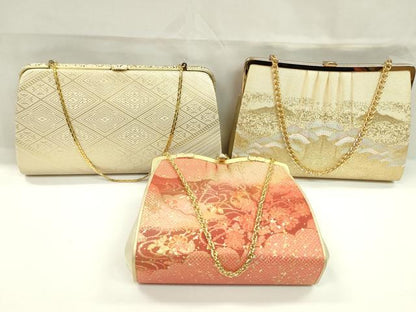 平和屋着物▼和装小物　和装バッグまとめて３点　ハンドバッグ　佐賀錦　菱吉祥文　遠山松文　流水花文　金糸　逸品　CABJ1468ju