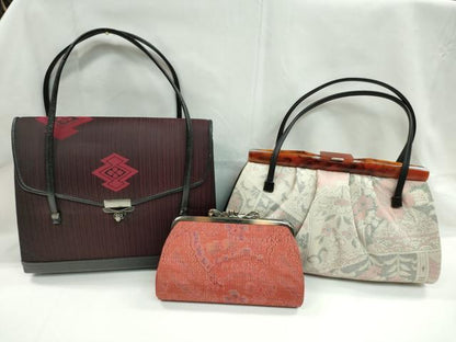 平和屋着物▼和装小物　和装バッグまとめて３点　ハンドバッグ　本場大島紬　7マルキ　枝花文　松皮菱花文　がま口　逸品　CABJ1474ju