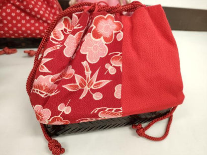 平和屋着物▼夏物　和装小物　和装バッグ　籠巾着まとめて５点　浴衣　縮緬　紬地　麻の葉柄　松竹梅　舞花びらなど　逸品　CABJ1485ju