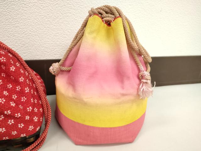 平和屋着物▼夏物　和装小物　和装バッグ　籠巾着まとめて５点　浴衣　縮緬　紬地　麻の葉柄　松竹梅　舞花びらなど　逸品　CABJ1485ju