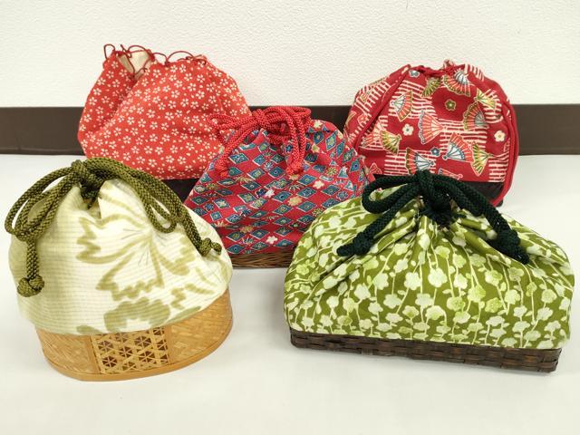 平和屋着物▼夏物　和装小物　和装バッグ　籠巾着まとめて５点　浴衣　縮緬　枝梅　扇梅文　舞花文など　逸品　CABJ1492ju