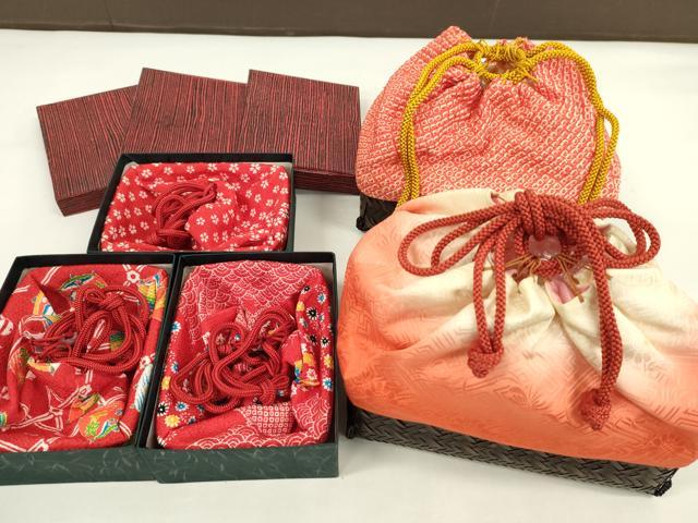 平和屋着物▼夏物　和装小物　和装バッグ　籠巾着まとめて５点　浴衣　縮緬　糸巻き鈴文　紗綾形草花地紋など　逸品　CABJ1494ju