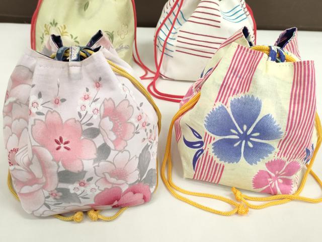 平和屋着物▼和装小物　和装バッグ　巾着まとめて５点　浴衣　花　リバーシブル　綿　縮緬など　逸品　CABJ1499ju