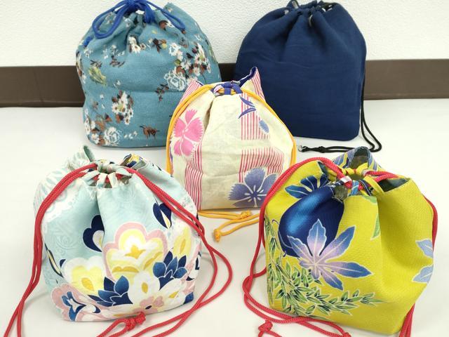 平和屋着物▼和装小物　和装バッグ　巾着まとめて５点　浴衣　花　楓　リバーシブル　綿　縮緬など　逸品　CABJ1501ju