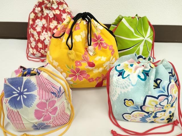 平和屋着物▼和装小物　和装バッグ　巾着まとめて５点　浴衣　金魚　花　槍梅　リバーシブル　綿　逸品　CABJ1503ju