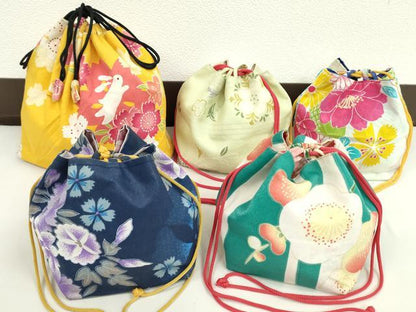 平和屋着物▼和装小物　和装バッグ　巾着まとめて５点　浴衣　うさぎ　花　リバーシブル　綿　逸品　CABJ1504ju