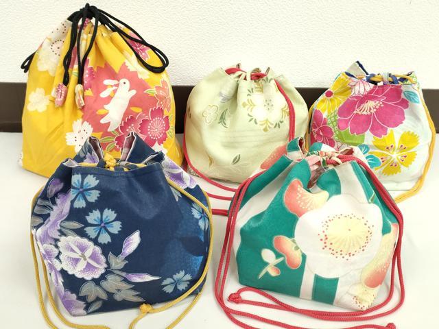 平和屋着物▼和装小物　和装バッグ　巾着まとめて５点　浴衣　うさぎ　花　リバーシブル　綿　逸品　CABJ1504ju