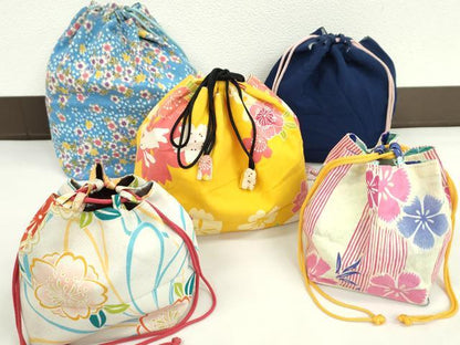 平和屋着物▼和装小物　和装バッグ　巾着まとめて５点　浴衣　うさぎ　花　万筋　リバーシブル　縮緬　綿など　逸品　CABJ1506ju