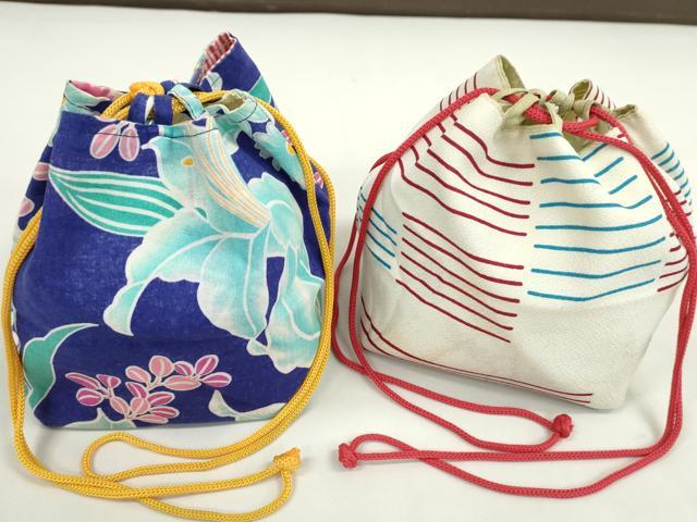 平和屋着物▼和装小物　和装バッグ　巾着まとめて５点　浴衣　金魚　花　蝶　リバーシブル　縮緬　綿など　逸品　CABJ1507ju