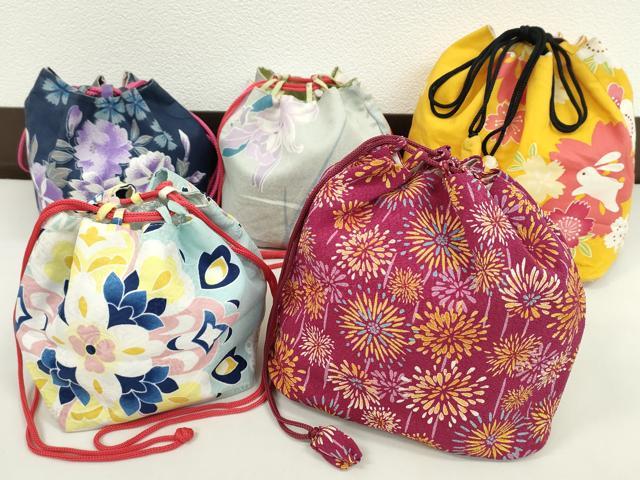 平和屋着物▼和装小物　和装バッグ　巾着まとめて５点　浴衣　うさぎ　花　花火　リバーシブル　縮緬　綿など　逸品　CABJ1508ju