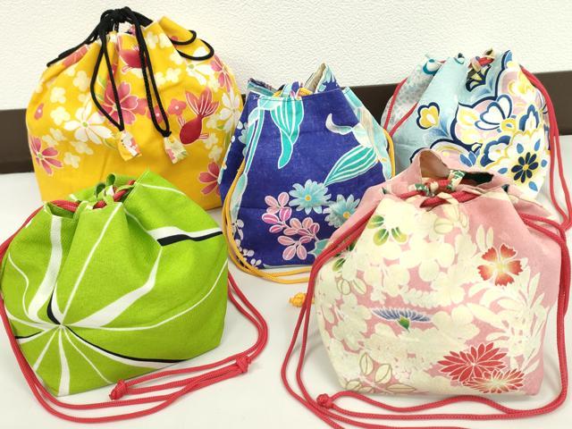 平和屋着物▼和装小物　和装バッグ　巾着まとめて５点　浴衣　金魚　花　リバーシブル　綿　逸品　CABJ1509ju