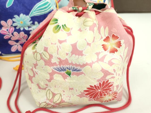平和屋着物▼和装小物　和装バッグ　巾着まとめて５点　浴衣　金魚　花　リバーシブル　綿　逸品　CABJ1509ju