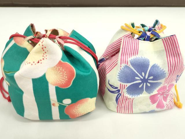 平和屋着物▼和装小物　和装バッグ　巾着まとめて５点　浴衣　金魚　花　リバーシブル　綿　逸品　CABJ1509ju