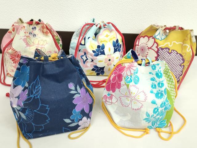 平和屋着物▼和装小物　和装バッグ　巾着まとめて５点　浴衣　雪輪花文　藤花房　リバーシブル　綿　逸品　CABJ1510ju