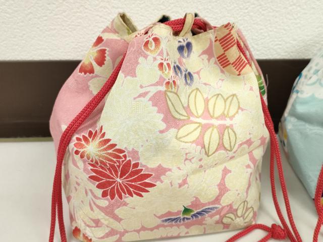 平和屋着物▼和装小物　和装バッグ　巾着まとめて５点　浴衣　雪輪花文　藤花房　リバーシブル　綿　逸品　CABJ1510ju