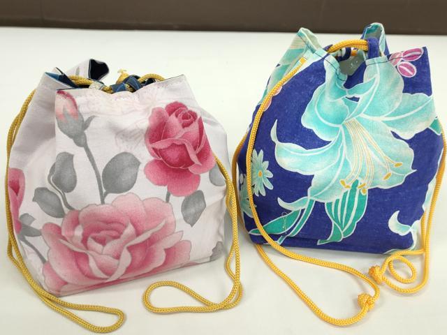 平和屋着物▼和装小物　和装バッグ　巾着まとめて５点　浴衣　雪輪花文　藤花房　リバーシブル　綿　逸品　CABJ1510ju