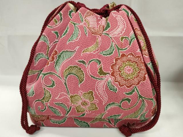 平和屋着物▼和装小物　和装バッグ　巾着まとめて５点　桜蝶文　花唐草　扇　縮緬　綿　金彩　袴　浴衣　逸品　CABJ1538ju