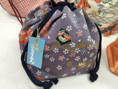 平和屋着物▼和装小物　和装バッグ　巾着まとめて５点　京ちりめん　型染め　扇花文　花蝶文　金彩　袴　浴衣　逸品　CABJ1542ju