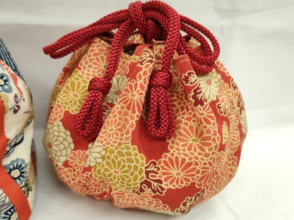 平和屋着物▼和装小物　和装バッグ　巾着まとめて５点　京ちりめん　型染め　扇花文　花蝶文　金彩　袴　浴衣　逸品　CABJ1542ju