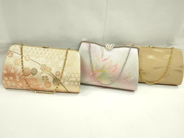 平和屋着物▼和装小物　和装バッグまとめて３点　ハンドバッグ　佐賀錦　籬扇花文　斜線花文　金銀糸　逸品　CABJ1559ju