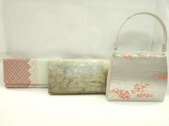 平和屋着物▼和装小物　和装バッグまとめて３点　ハンドバッグ　佐賀錦　菱文　梅松庭園風景文　金銀糸　逸品　CABJ1568ju
