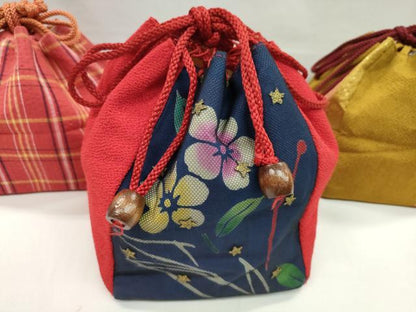 平和屋着物▼和装小物　和装バッグ　巾着まとめて５点　花蝶文　格子柄　縮緬　綿　金彩　袴　浴衣　未使用あり　逸品　CABJ1573ju